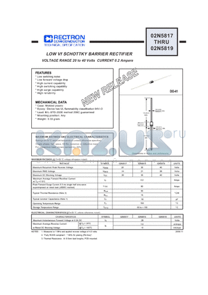 02N5818 datasheet - LOW Vf SCHOTTKY BARRIER RECTIFIER VOLTAGE RANGE 20 to 40 Volts CURRENT 0.2 Ampere