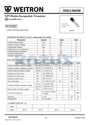 3DD13003B datasheet - NPNPlastic-Encapsulate Transistor
