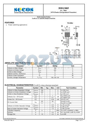 3DD13005 datasheet - 4A , 700V NPN Plastic-Encapsulated Transistor