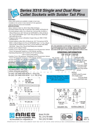 03-0518-10 datasheet - Series X518 Single and Dual Row Collet Sockets with Solder Tail Pins