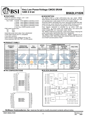 BS62LV1028DC datasheet - Very Low Power/Voltage CMOS SRAM 128K X 8 bit