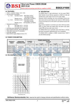 BS62LV1600ECP70 datasheet - Very Low Power CMOS SRAM 2M X 8 bit