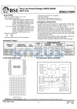 BS62LV1600EI datasheet - Very Low Power/Voltage CMOS SRAM 2M X 8 bit