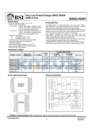 BS62LV2001DC datasheet - Very Low Power/Voltage CMOS SRAM 256K X 8 bit