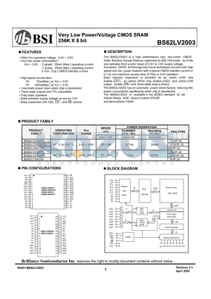 BS62LV2003STC datasheet - Very Low Power/Voltage CMOS SRAM 256K X 8 bit