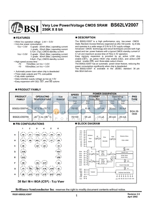 BS62LV2007HC datasheet - Very Low Power/Voltage CMOS SRAM 256K X 8 bit