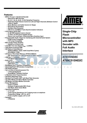 AT83SND2C-7FRUL datasheet - Single-Chip Flash Microcontroller with MP3 Decoder with Full Audio Interface