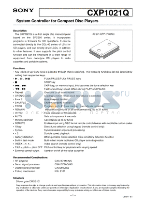 CXP1021Q datasheet - System Controller for Compact Disc Players