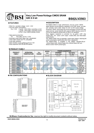 BS62LV2563SI datasheet - Very Low Power/Voltage CMOS SRAM 32K X 8 bit