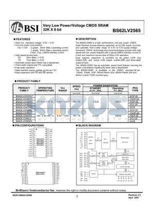 BS62LV2565PI datasheet - Very Low Power/Voltage CMOS SRAM 32K X 8 bit
