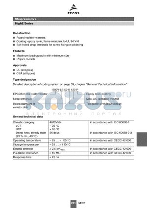 B72250L0131K102 datasheet - Strap Varistors