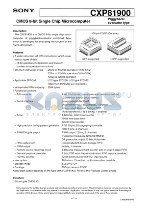 CXP81900 datasheet - CMOS 8-bit Single Chip Microcomputer