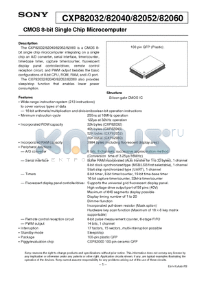 CXP82052 datasheet - CMOS 8-bit Single Chip Microcomputer