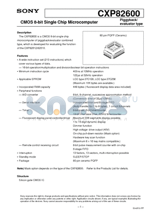 CXP82600 datasheet - CMOS 8-bit Single Chip Microcomputer