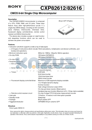 CXP82616 datasheet - CMOS 8-bit Single Chip Microcomputer