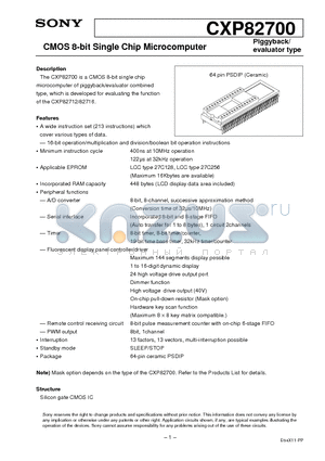 CXP82700 datasheet - CMOS 8-bit Single Chip Microcomputer