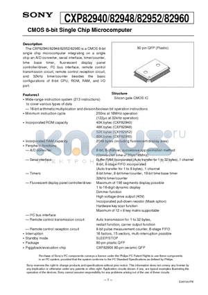 CXP82952 datasheet - CMOS 8-bit Single Chip Microcomputer