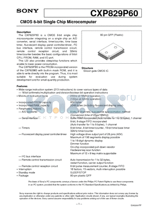 CXP829P60 datasheet - CMOS 8-bit Single Chip Microcomputer