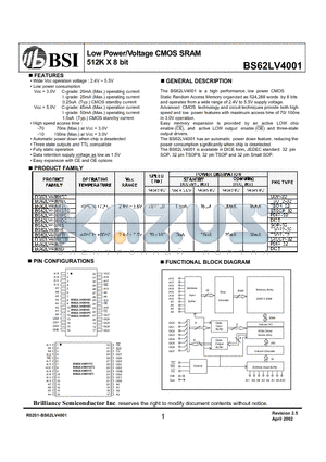 BS62LV4001EI datasheet - Low Power/Voltage CMOS SRAM 512K X 8 bit