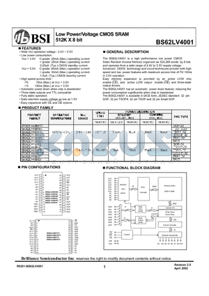 BS62LV4001STC datasheet - Low Power/Voltage CMOS SRAM 512K X 8 bit