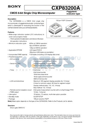 CXP83200A datasheet - CMOS 8-bit Single Chip Microcomputer