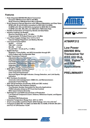 AT86RF212 datasheet - Low Power 800/900 MHz Transceiver for IEEE 802.15.4- 2006, ZigbeeTM, and ISM Applications