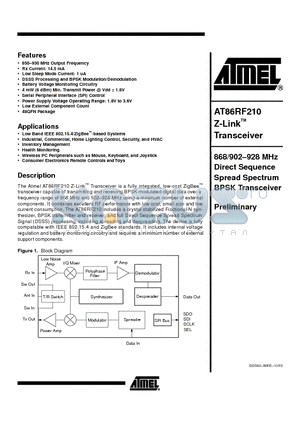 AT86RF210 datasheet - Z-Link Transceiver