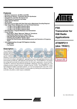 AT86RF211DAI datasheet - FSK Transceiver for ISM Radio Applications