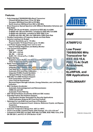 AT86RF212 datasheet - Low Power 700/800/900 MHz