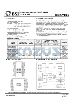 BS62LV4005 datasheet - Low Power/Voltage CMOS SRAM 512K X 8 bit
