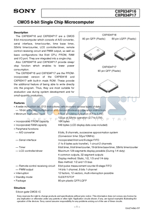 CXP834P16 datasheet - CMOS 8-bit Single Chip Microcomputer