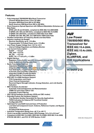 AT86RF212 datasheet - single-chip RF transceiver provides a complete radio interface