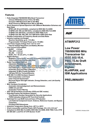 AT86RF212_1 datasheet - Low Power 700/800/900 MHz