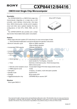 CXP84412 datasheet - CMOS 8-bit Single Chip Microcomputer