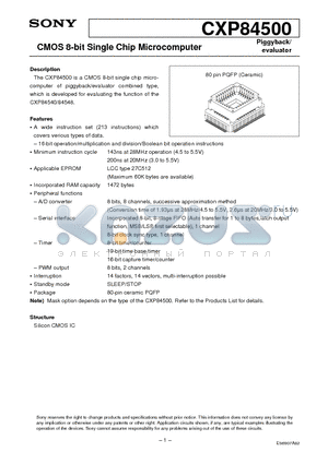 CXP84500 datasheet - CMOS 8-bit Single Chip Microcomputer