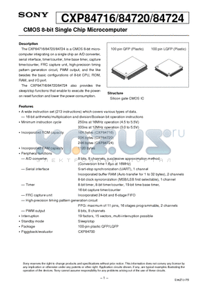 CXP84720 datasheet - CMOS 8-bit Single Chip Microcomputer