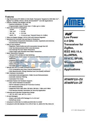 AT86RF231-ZF datasheet - Low Power 2.4 GHz Transceiver for ZigBee
