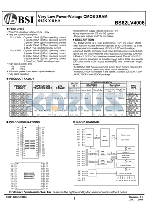 BS62LV4006EIG70 datasheet - Very Low Power/Voltage CMOS SRAM 512K X 8 bit