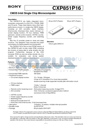 CXP851P16 datasheet - CMOS 8-bit Single Chip Microcomputer