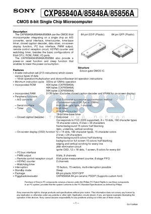 CXP85840A datasheet - CMOS 8-bit Single Chip Microcomputer