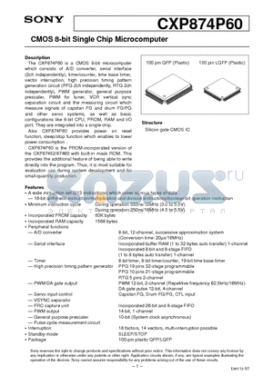CXP874P60 datasheet - CMOS 8-bit Single Chip Microcomputer