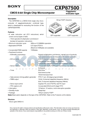 CXP87500 datasheet - CMOS 8-bit Single Chip Microcomputer