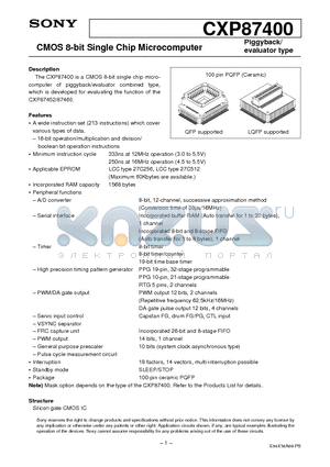 CXP87400 datasheet - CMOS 8-bit Single Chip Microcomputer