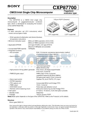 CXP87700 datasheet - CMOS 8-bit Single Chip Microcomputer