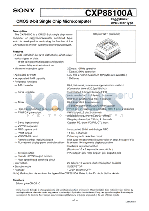 CXP88100A datasheet - CMOS 8-bit Single Chip Microcomputer
