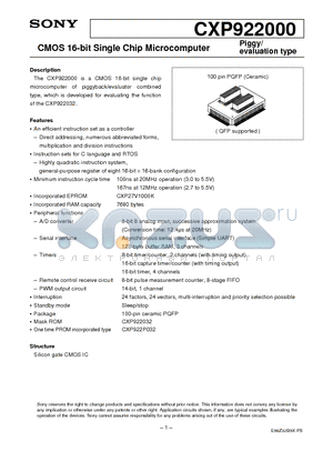 CXP922000 datasheet - CMOS 16-bit Single Chip Microcomputer