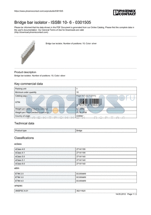 0301505 datasheet - Bridge bar isolator - ISSBI 10- 6 - 0301505