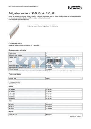 0301521 datasheet - Bridge bar isolator - ISSBI 10-10 - 0301521