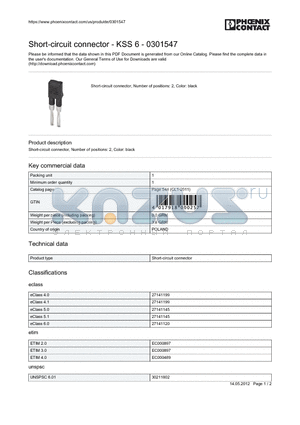 0301547 datasheet - Short-circuit connector - KSS 6 - 0301547