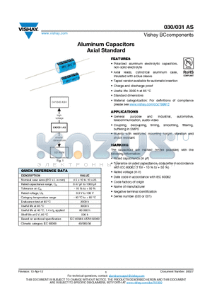 030031AS datasheet - Aluminum Capacitors Axial Standard